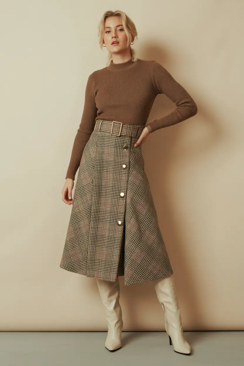 spring business casual outfits 2026 Brown Knit and Plaid Midi With Cream Boots