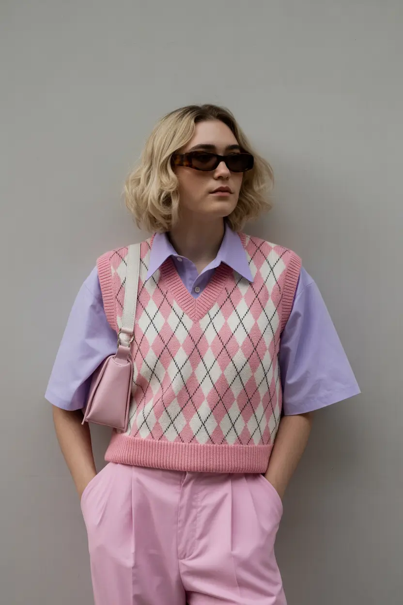 spring business casual outfits 2026 Pastel Preppy With an Argyle Vest