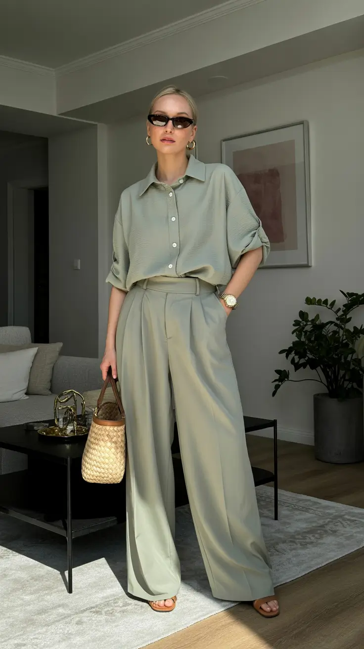 spring business casual outfits 2026 Monochrome Sage Set for Quiet Luxury
