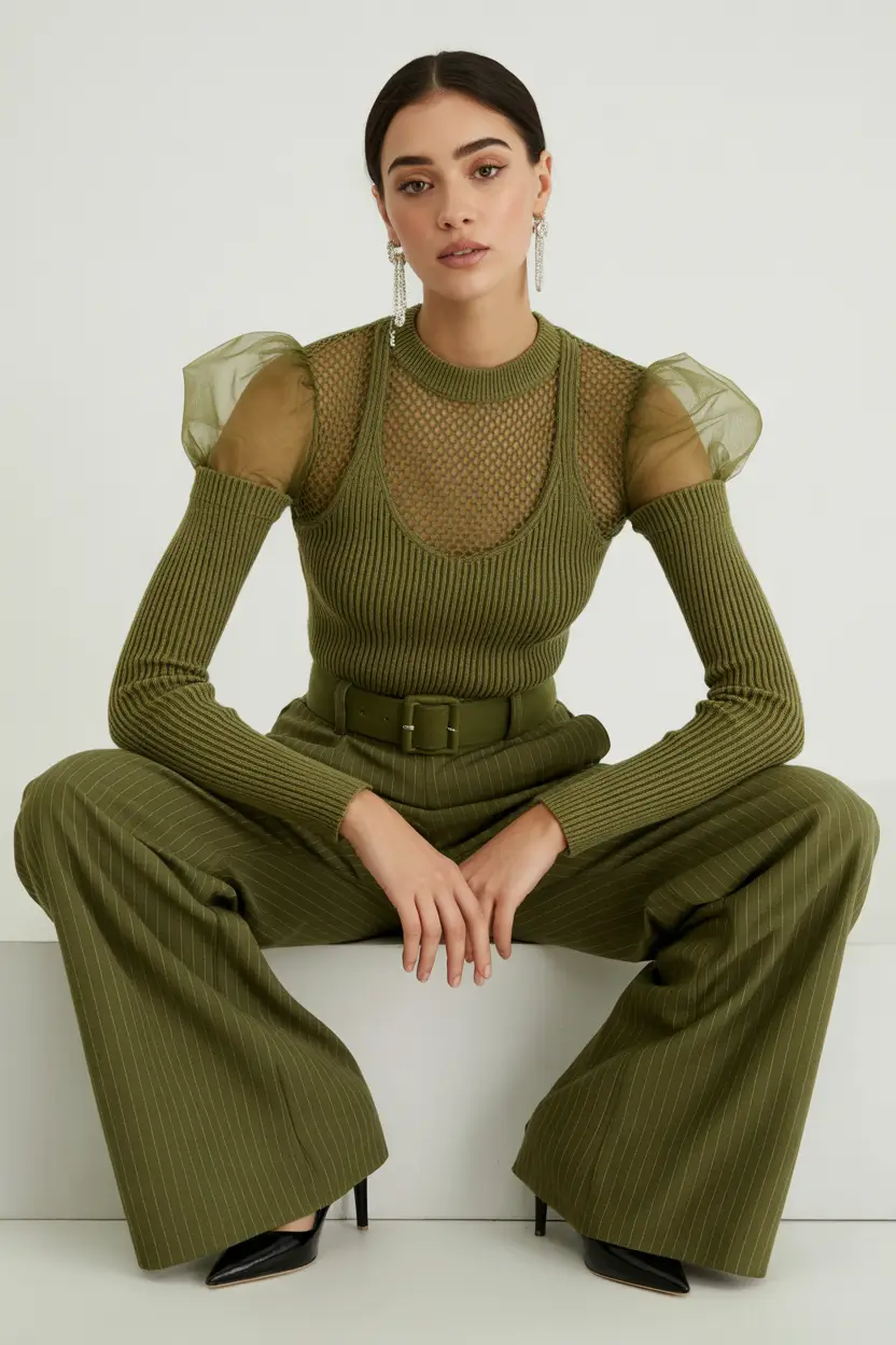 spring date night outfit 2026 Olive Knit and Wide Leg Pants for Cold Spring Evenings