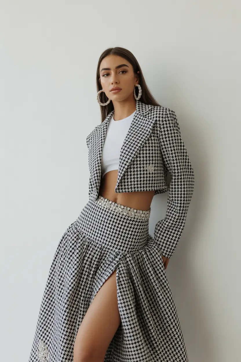 spring date night outfit 2026 Houndstooth Skirt Set for Dressy Chic Nights