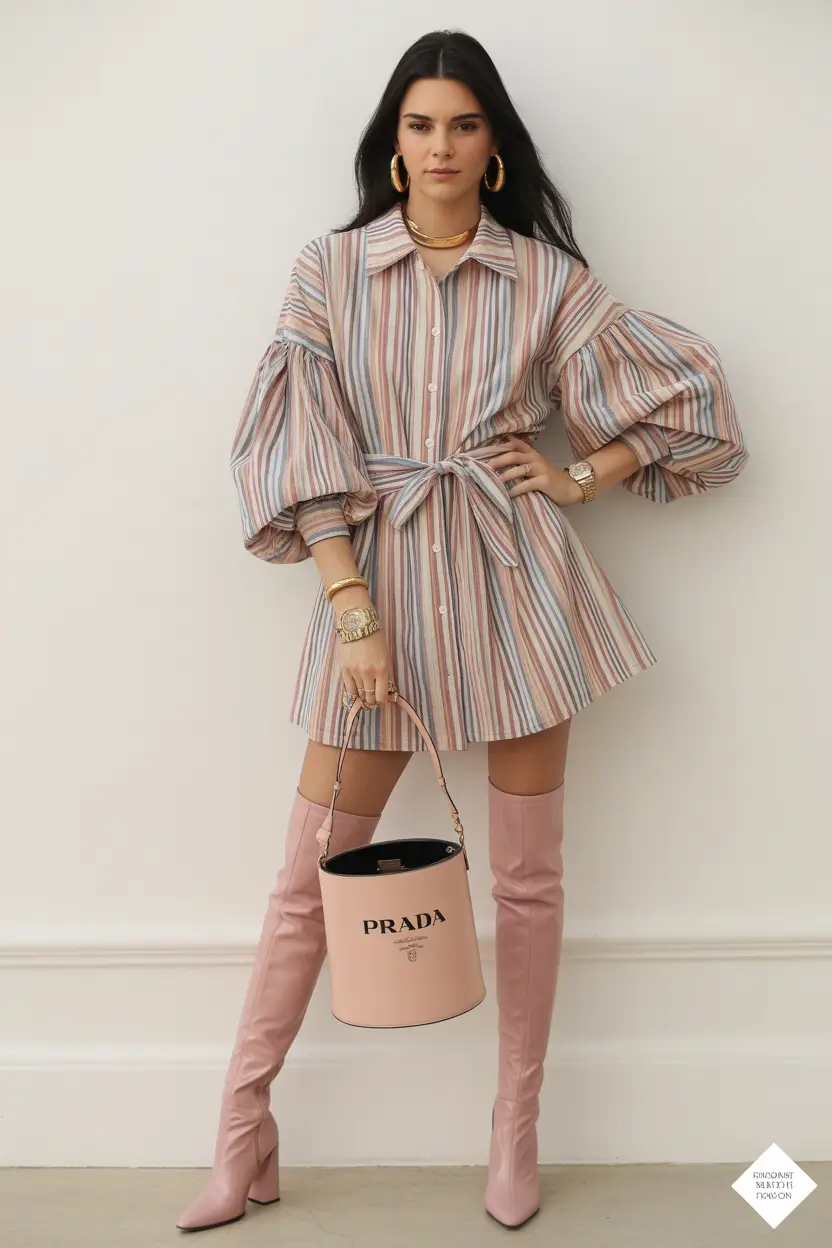 spring date night outfit 2026 Striped Shirt Dress with Boots for Dressy Statement Style