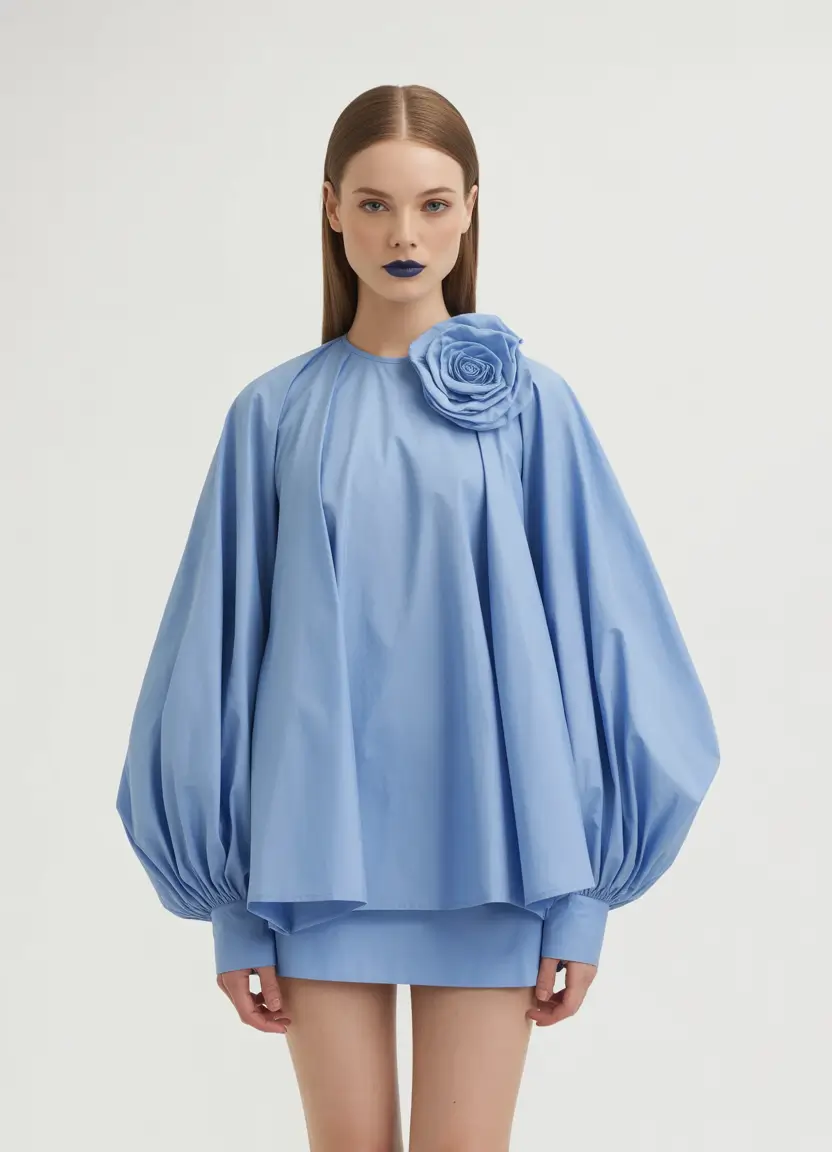 spring fashion outfits 2026 Baby Blue Volume Dress with a Bold Beauty Twist