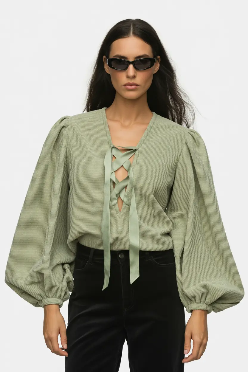 spring fashion outfits 2026 Lace Up Blouse with 90s Cool Energy