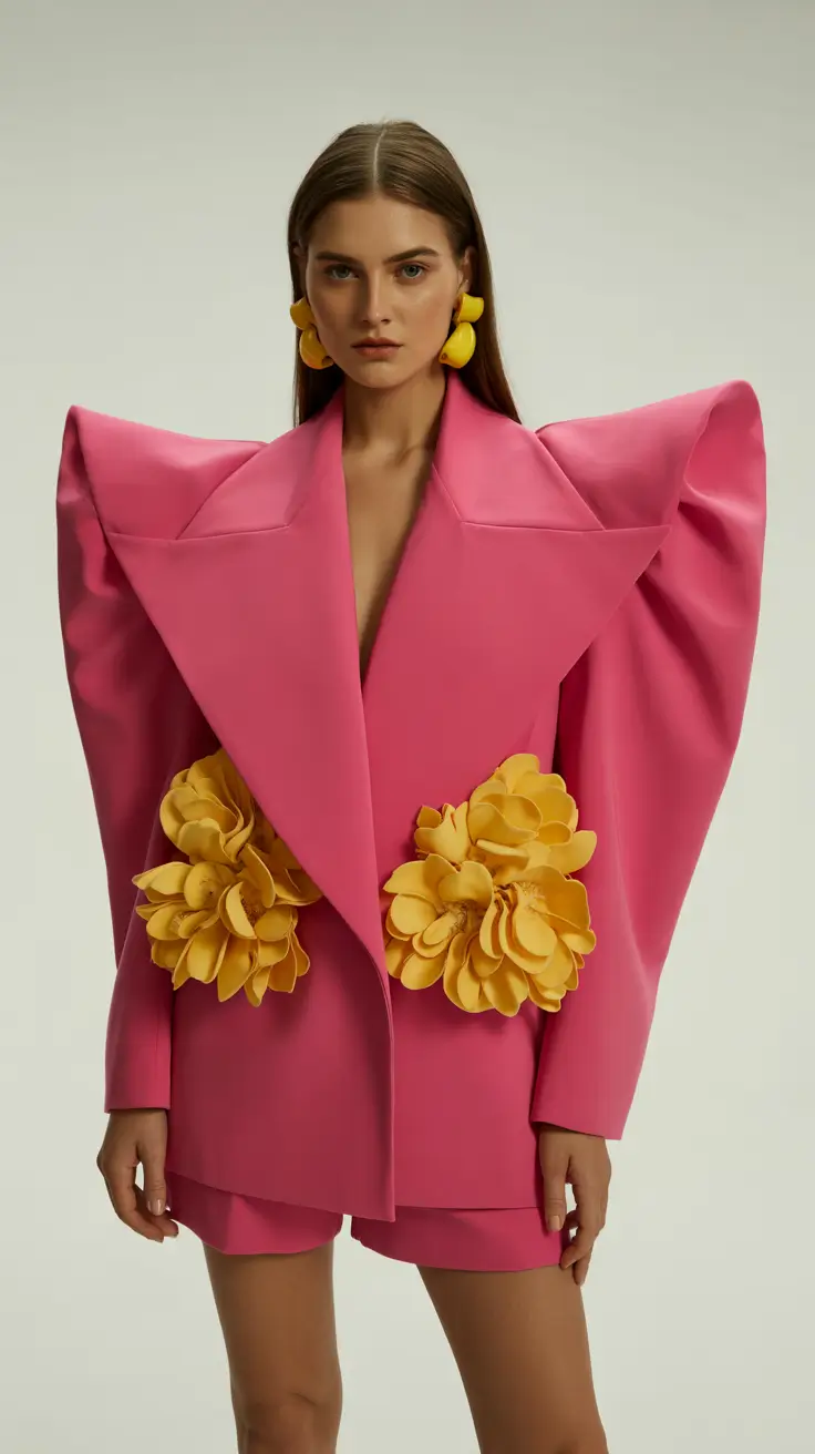 spring fashion outfits 2026 Artsy Power Shoulders and Pink Drama