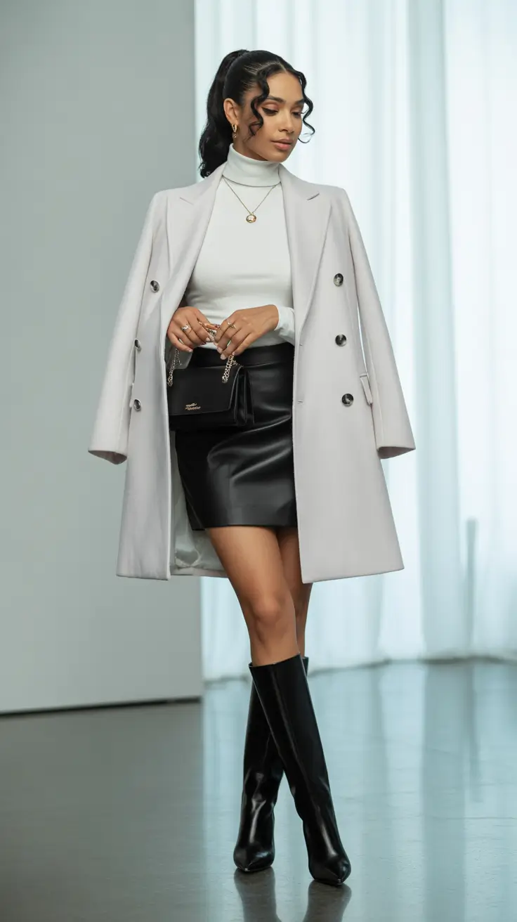 spring going out outfits 2026 White Coat and Leather Skirt for Chilly Nights