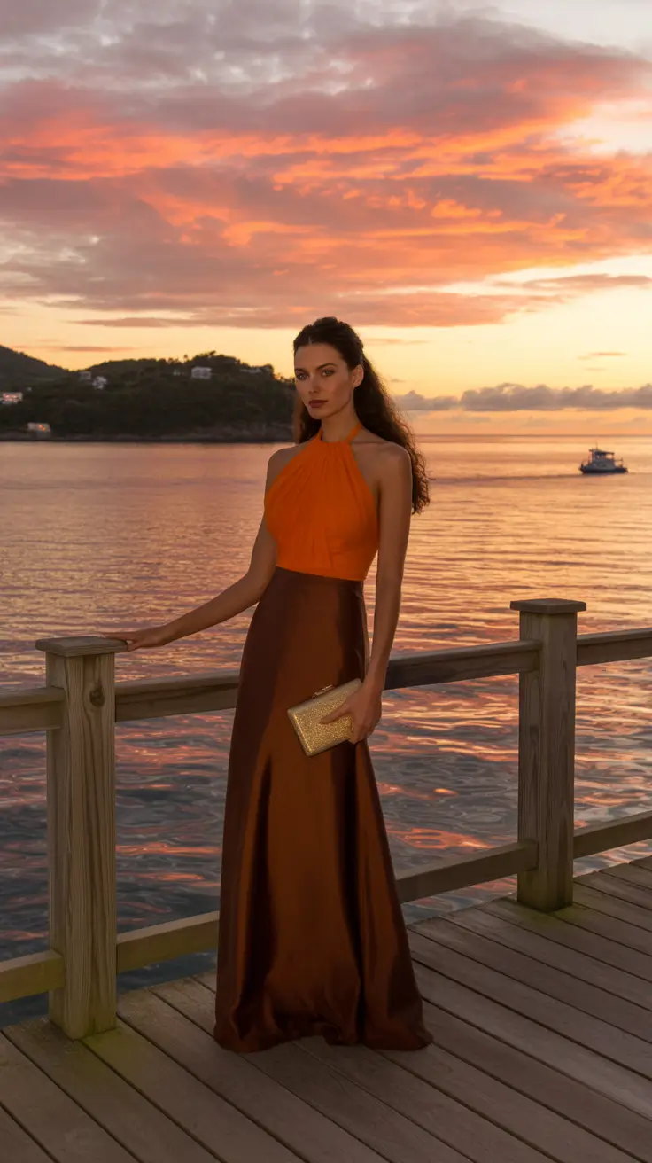spring going out outfits 2026 Orange Halter and Brown Skirt for Sunset Night