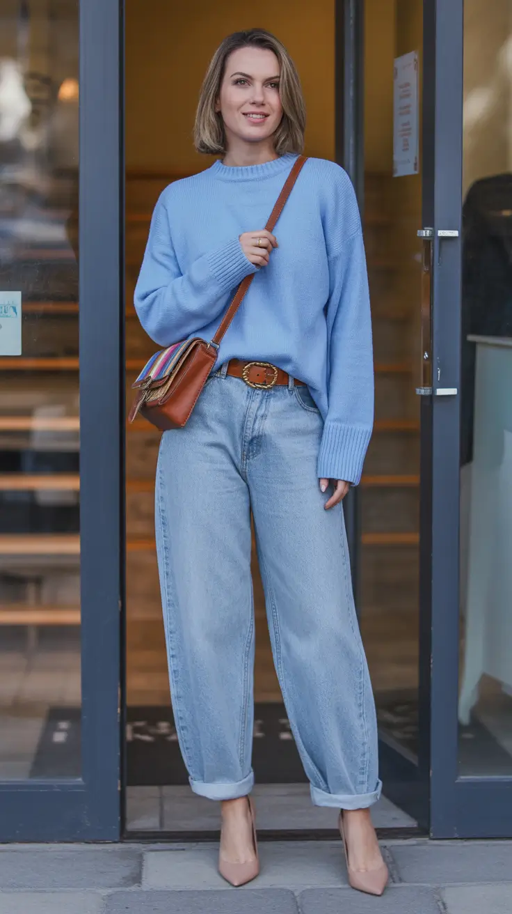 spring mom outfits 2026 Blue Sweater and Denim for Cool Mornings