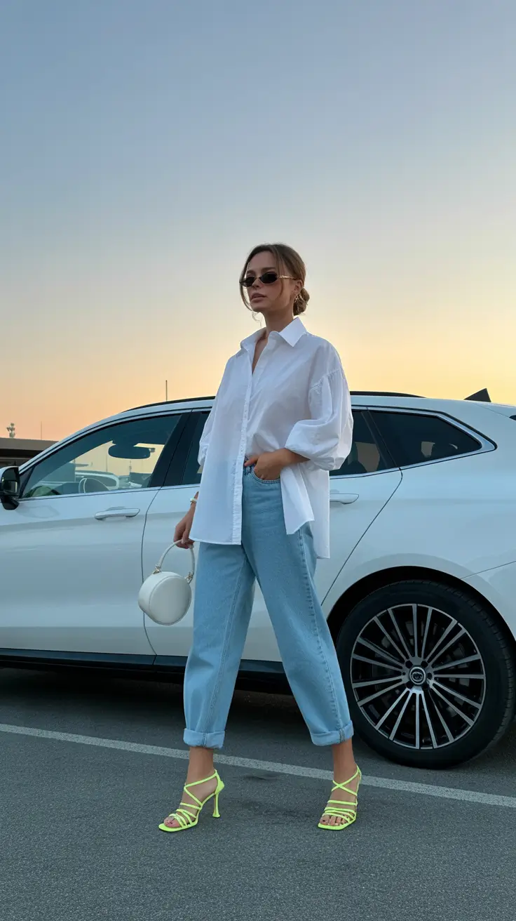 spring mom outfits 2026 White Shirt and Denim with a Dressy Heel