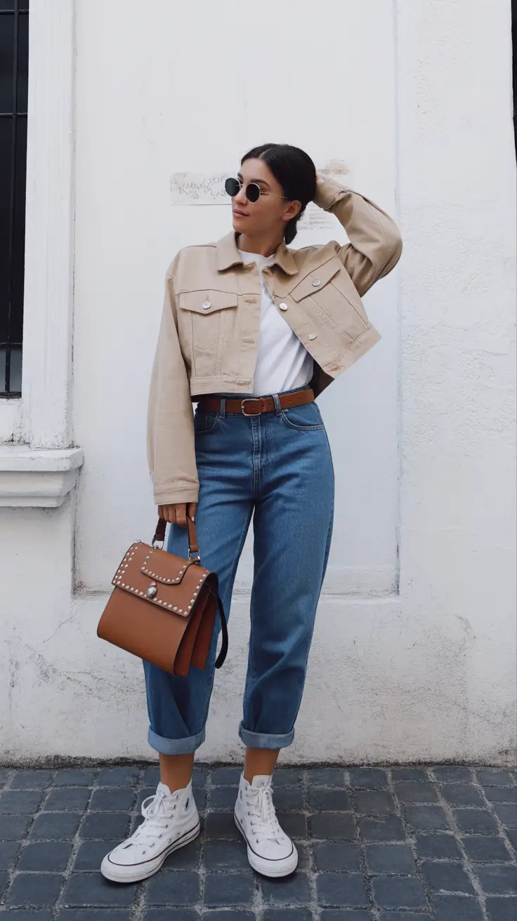 spring mom outfits 2026 Neutral Jacket with Classic Jeans and High Tops