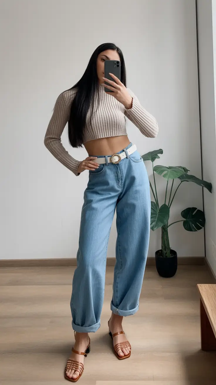 spring mom outfits 2026 Ribbed Knit and Wide Leg Denim for Warm Spring Days