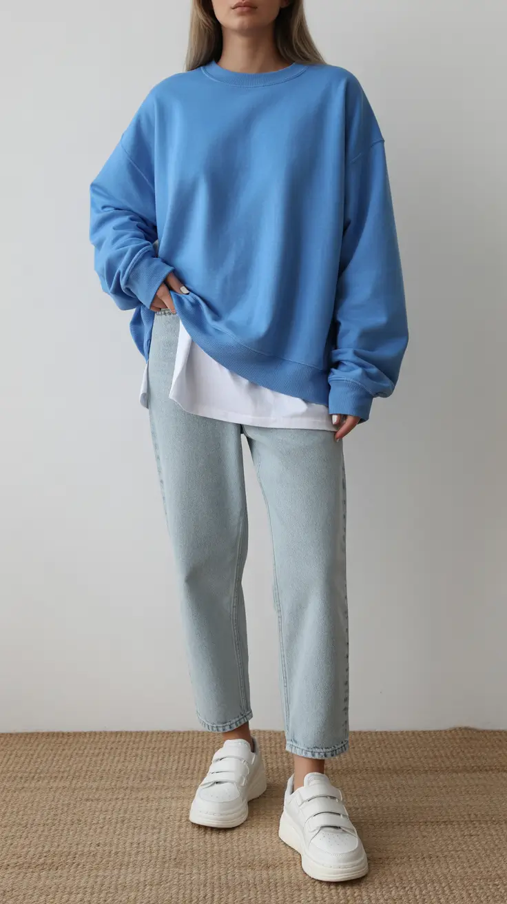 spring mom outfits 2026 Blue Sweatshirt Layering for Early Spring Comfort