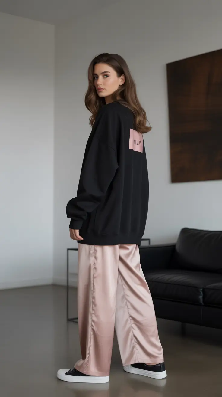 spring mom outfits 2026 Black Sweatshirt and Satin Pants for Cool Evening Style