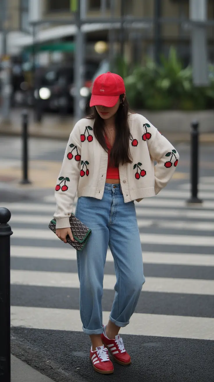 spring mom outfits 2026 Cherry Cardigan and Denim for Early Spring Errands