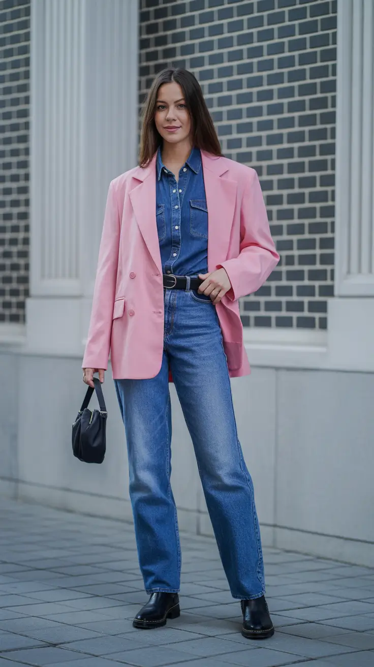 Spring Office Outfits 2026 Soft Pink Blazer Meets Denim