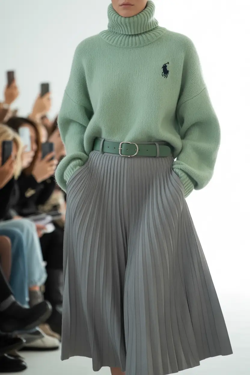 Spring Office Outfits 2026 Mint Knit and Pleated Skirt Energy