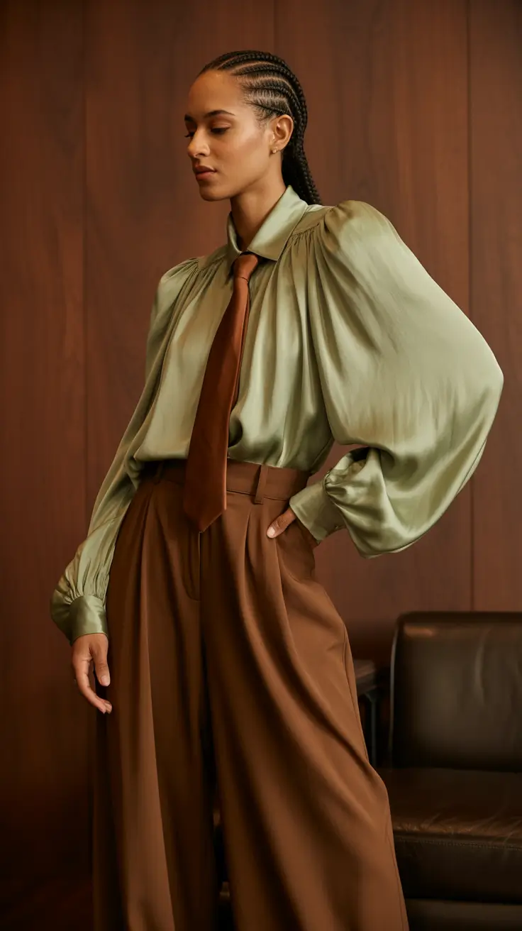 Spring Office Outfits 2026 Satin Shirt and Tie for Soft Power
