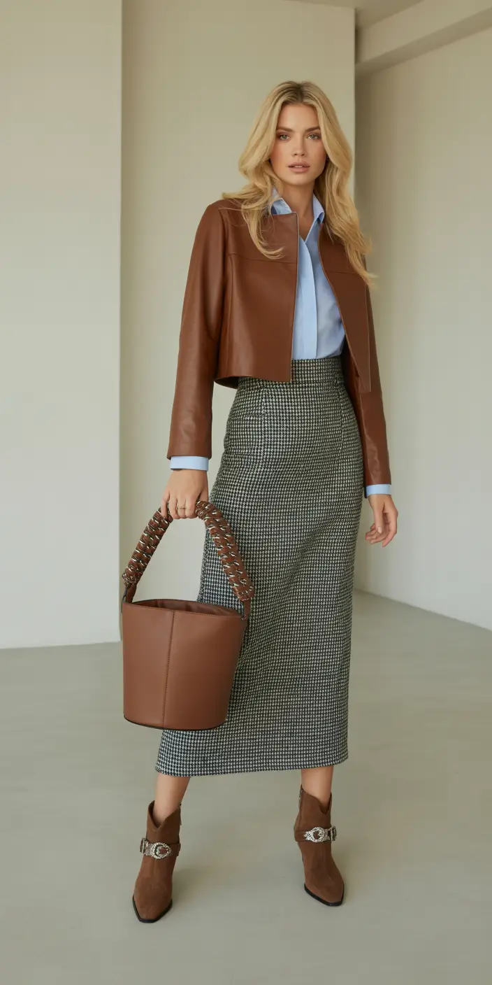 Spring Office Outfits 2026 Leather Layers and Skirt