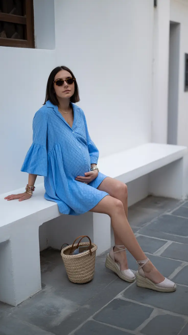 spring outfit for pregnant women 2026 Soft Blue Ease With Mediterranean Calm