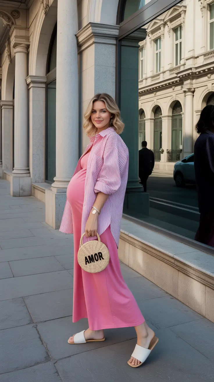 spring outfit for pregnant women 2026 Pink Stripes and Soft Romance