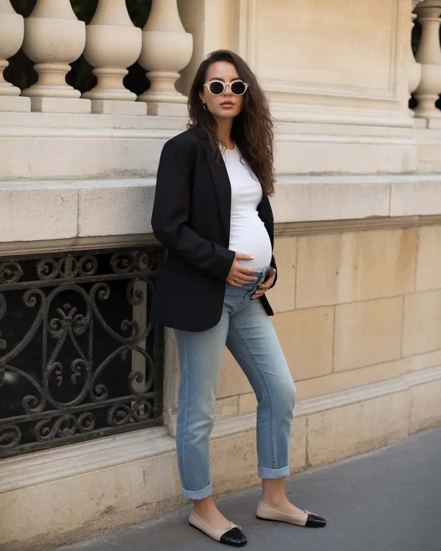 spring outfit for pregnant women 2026 Blazer and Denim for a Polished Day