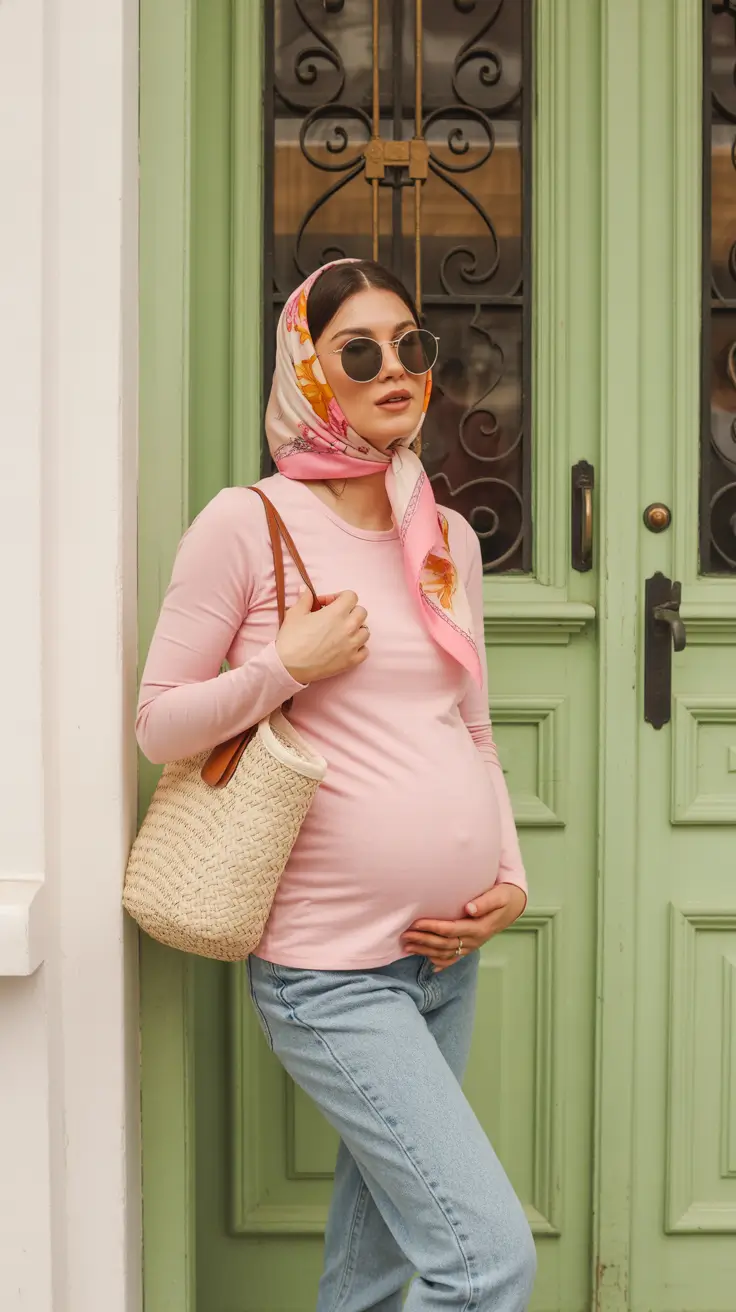 spring outfit for pregnant women 2026 Headscarf and Pastel Basics Done Right