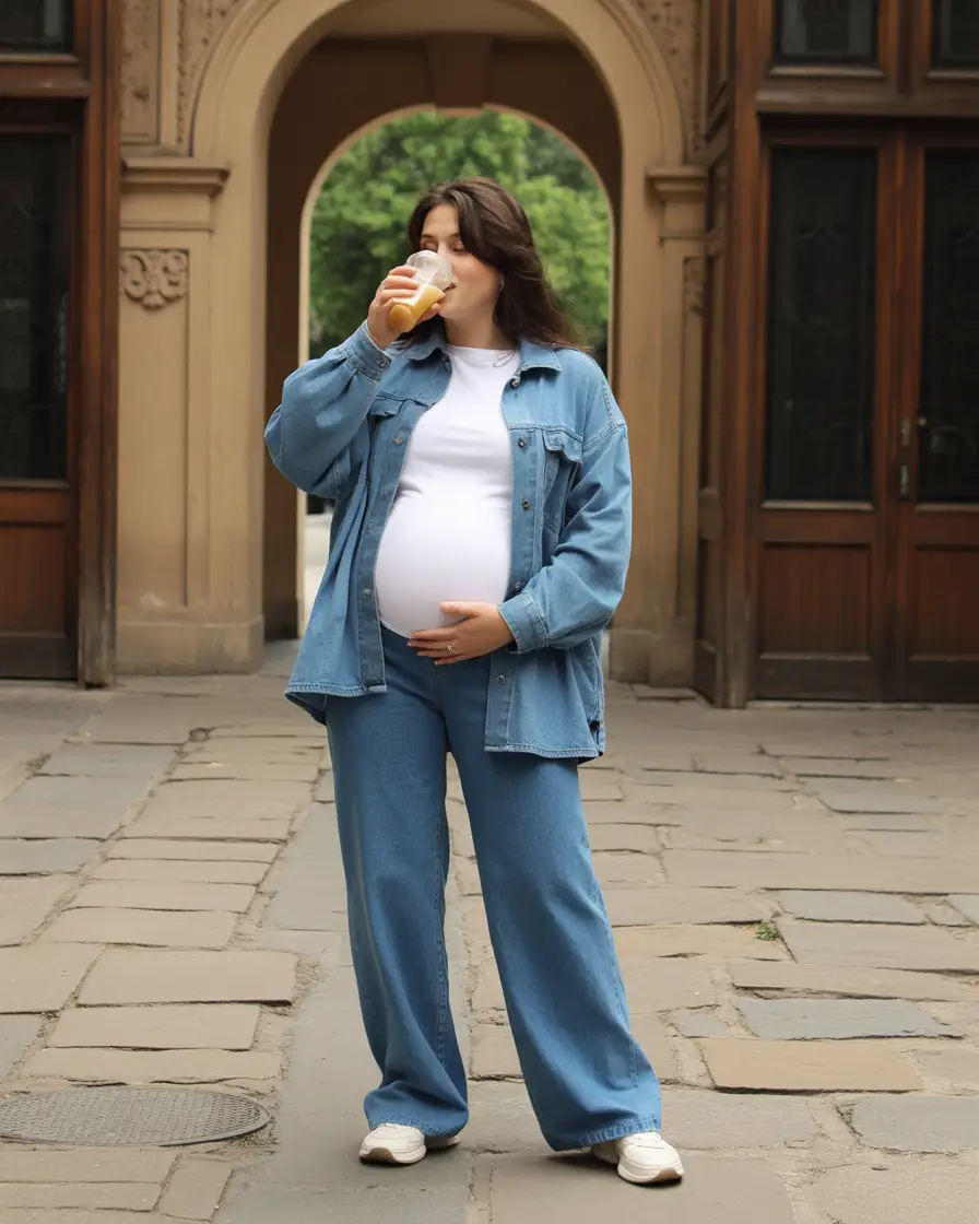 spring outfit for pregnant women 2026 Double Denim That Still Feels Soft