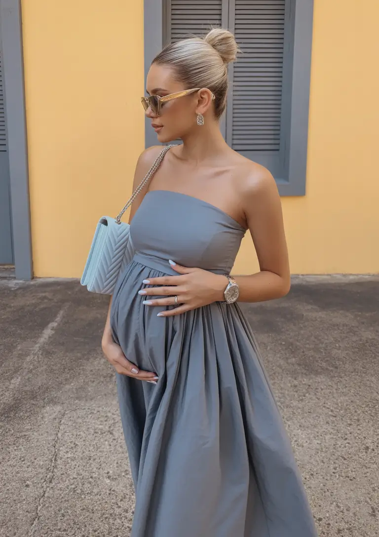 spring outfit for pregnant women 2026 Effortless Romance in a Strapless Spring Dress