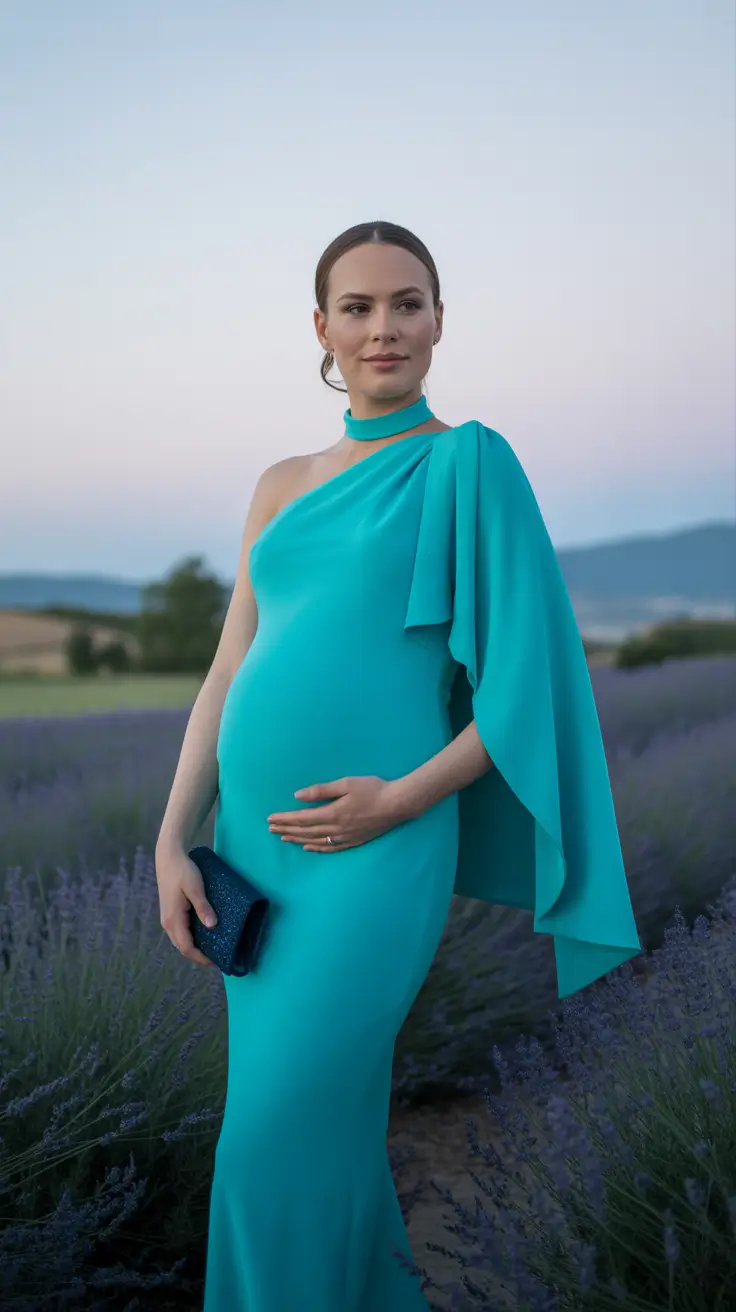 spring outfit for pregnant women 2026 Turquoise Glamour for Spring Celebrations