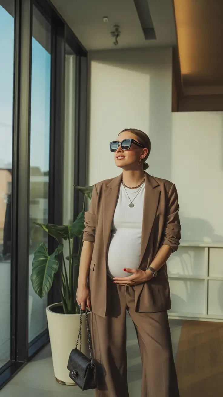spring outfit for pregnant women 2026 Soft Brown Suiting for Spring Cooperate Style