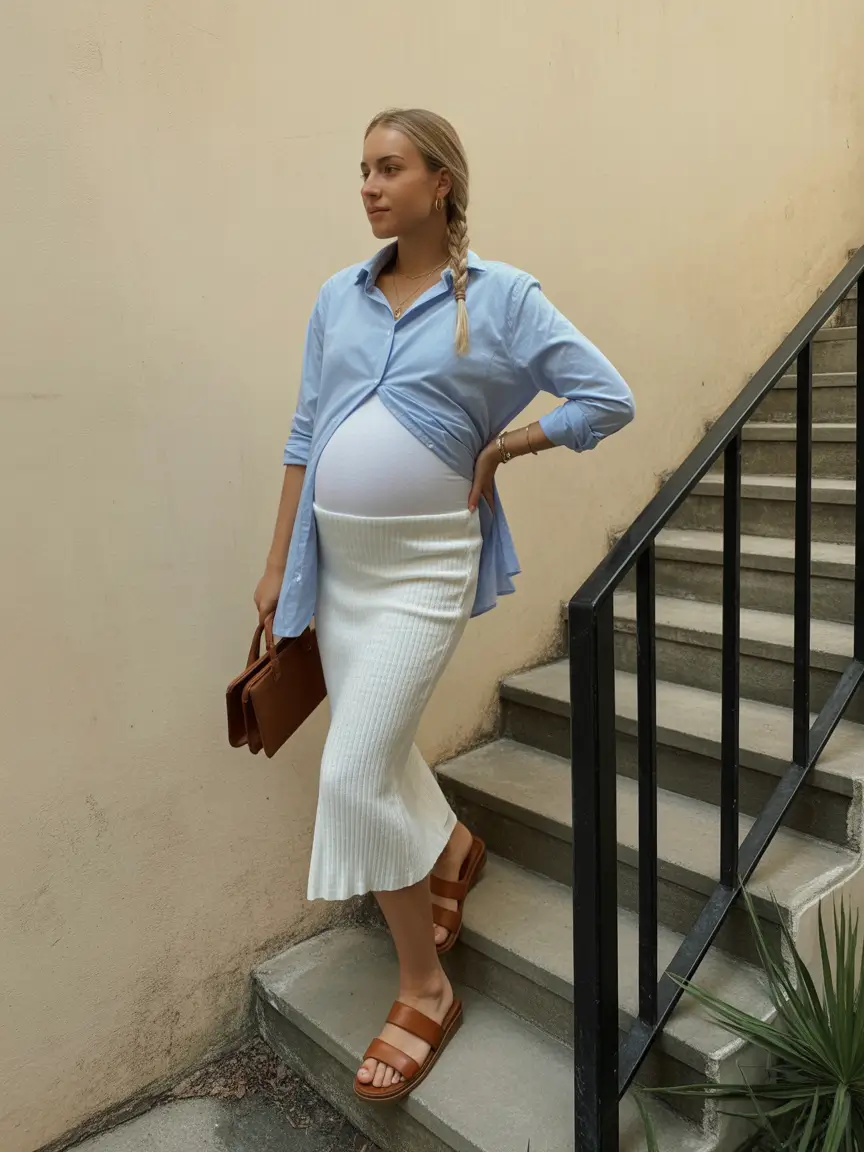 spring outfit for pregnant women 2026 Soft Blue Shirt and Ribbed Skirt Balance