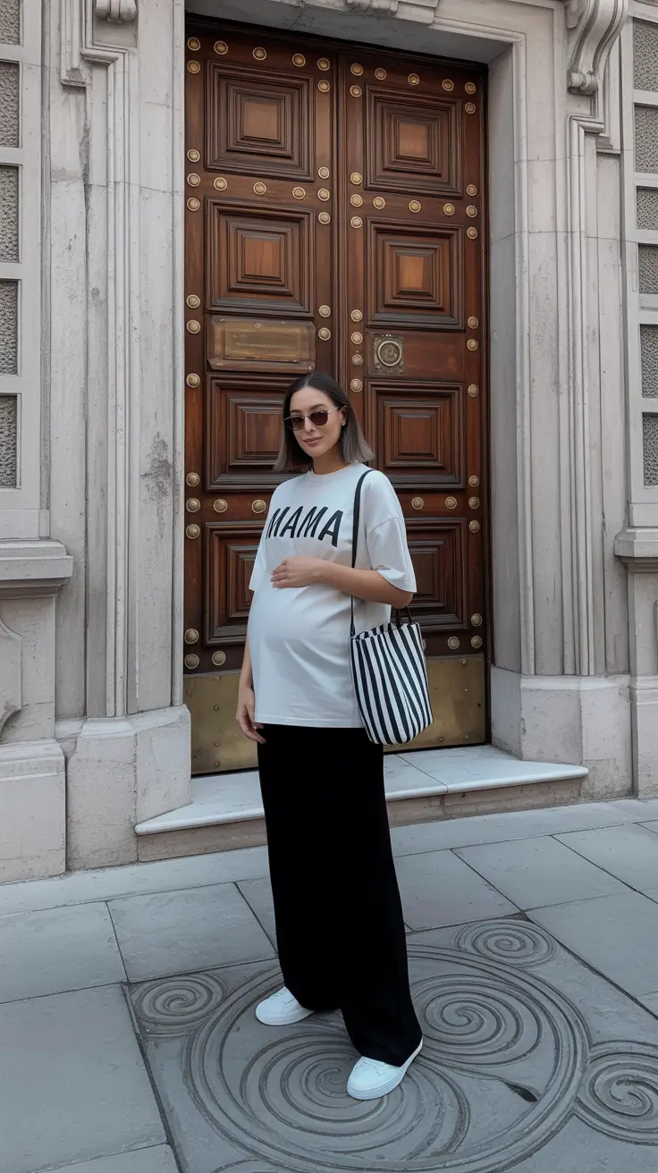 spring outfit for pregnant women 2026 Graphic Tee and Maxi Skirt Street Cool