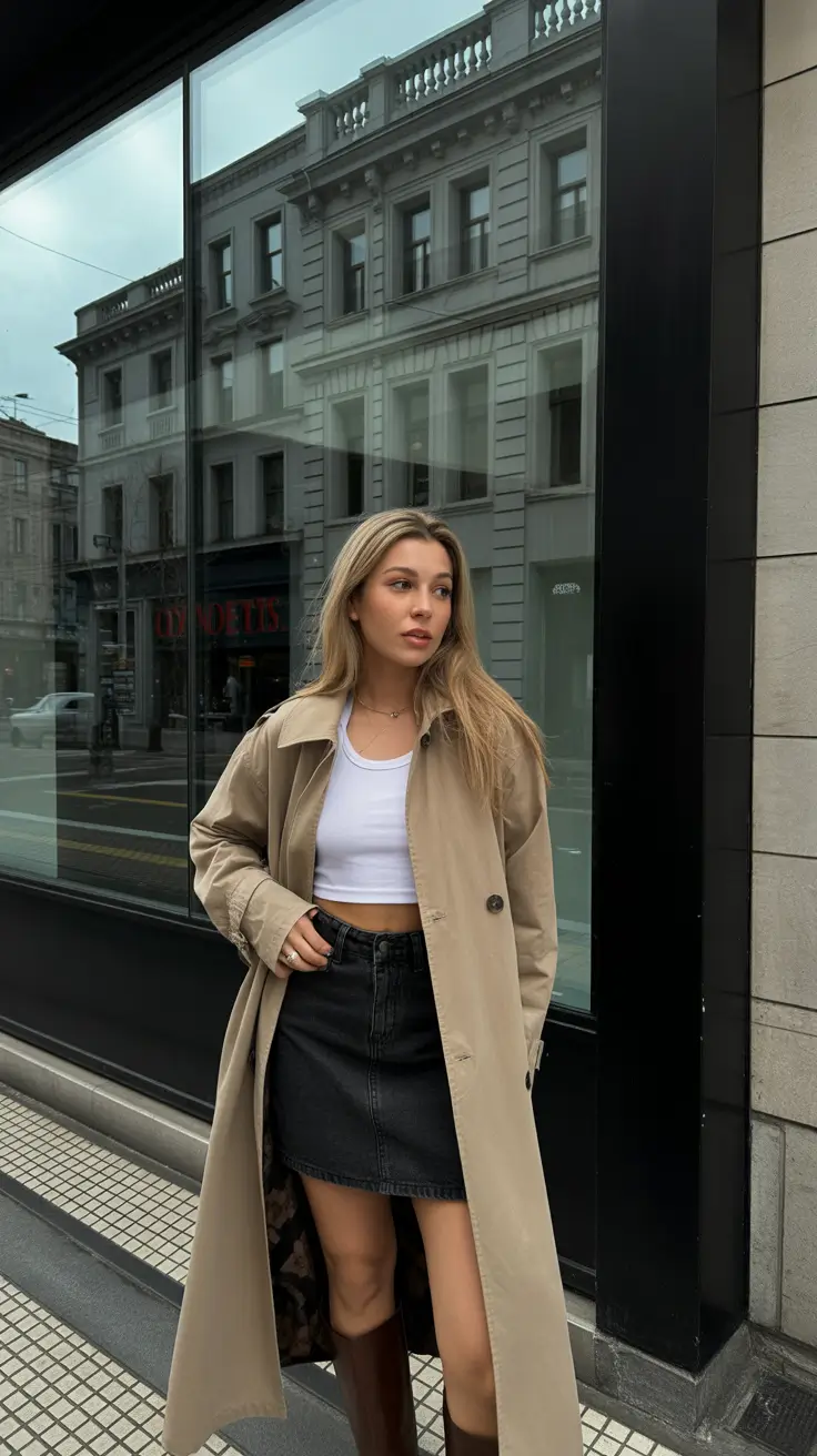 spring outfits 2026 Trench Coat and Denim Mini City Classic