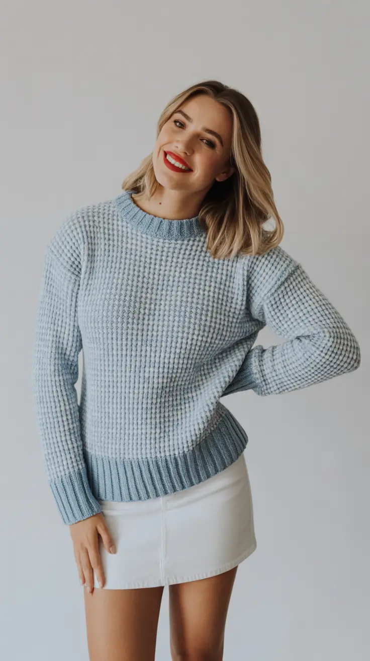 spring outfits 2026 Baby Blue Waffle Knit and White Mini Freshness