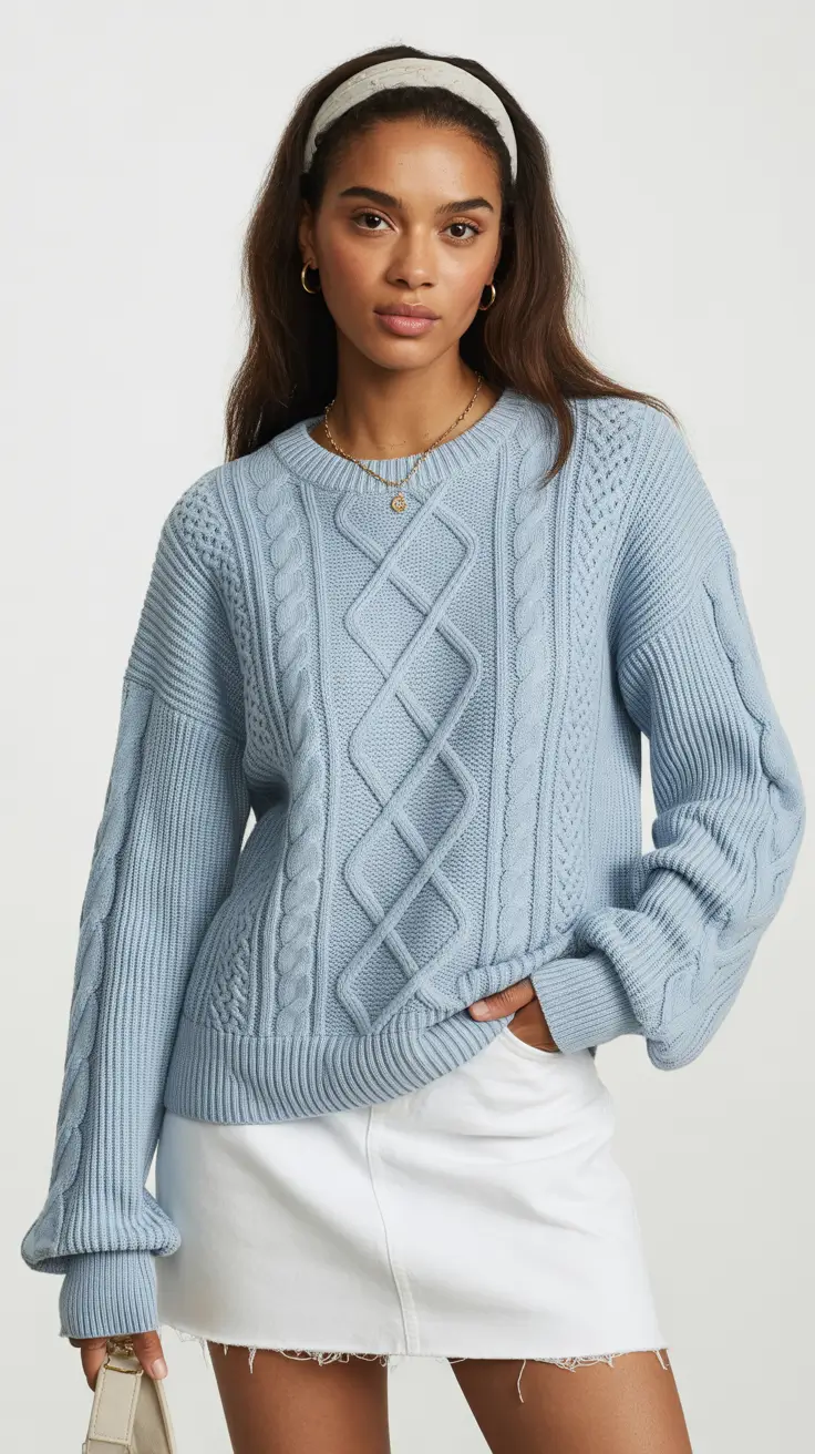 spring outfits 2026 Cable Knit Blue and White Mini Modern Prep