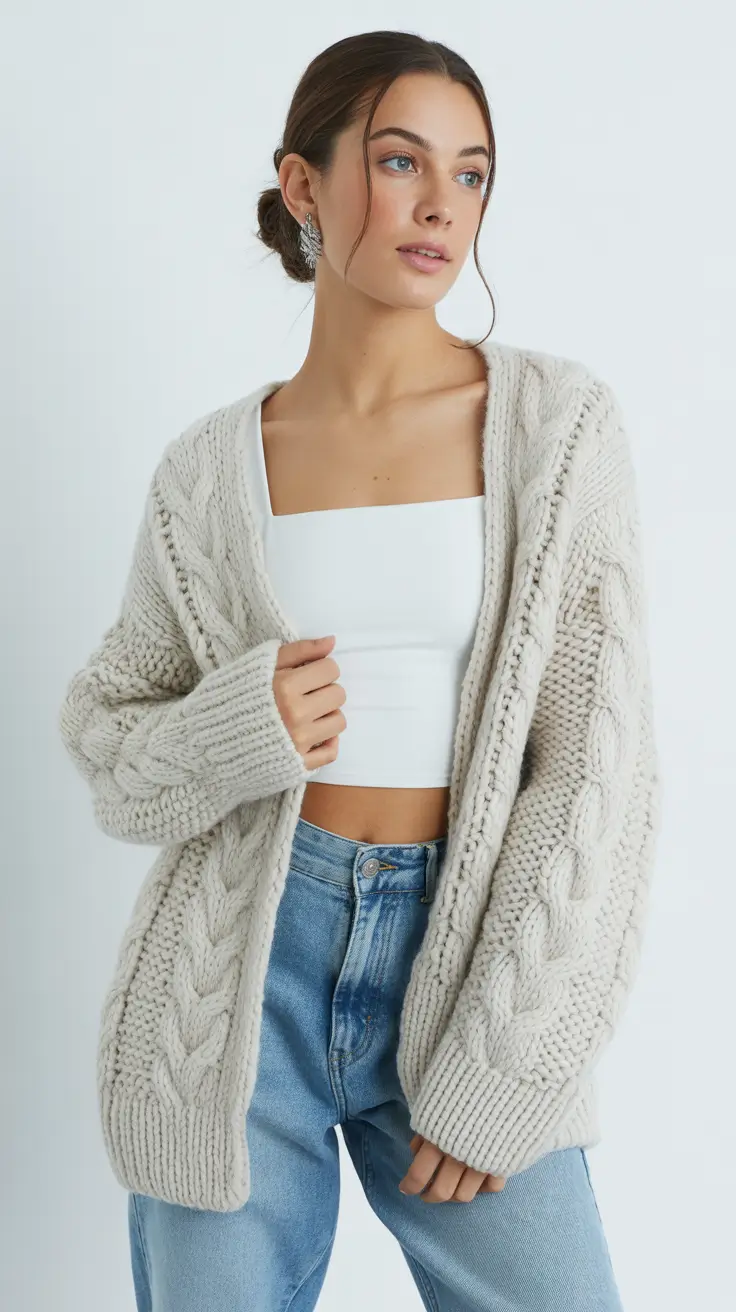 spring outfits 2026 Chunky Cardigan and Straight Denim Balance