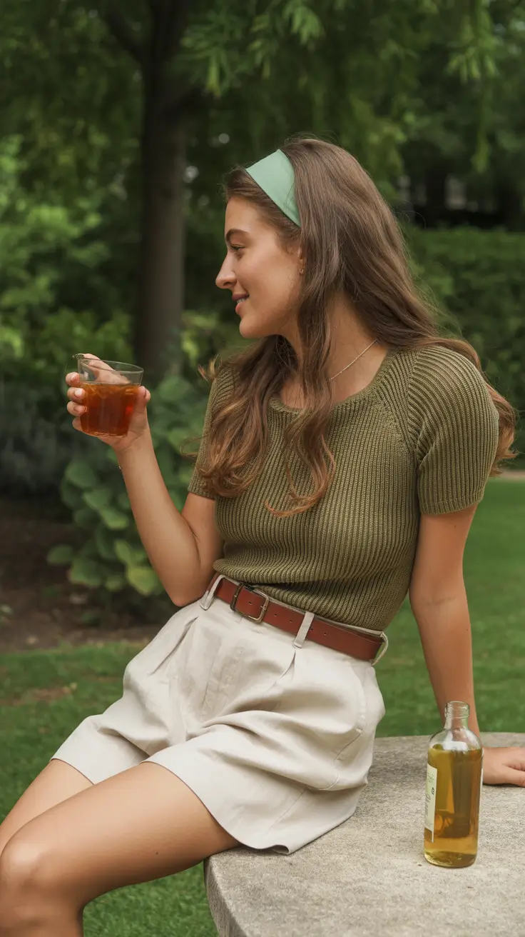 spring outfits 2026 Olive Knit Top and Tailored Shorts Chic