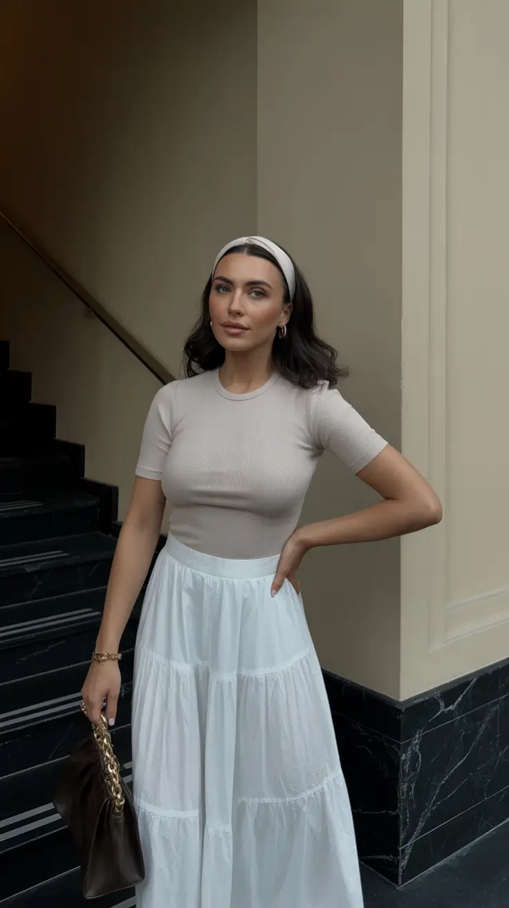 spring outfits 2026 Neutral Tee and White Maxi Skirt Grace