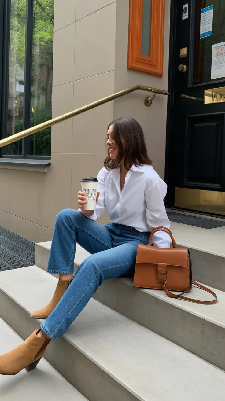 spring outfits 2026 White Shirt and Jeans with City Polish