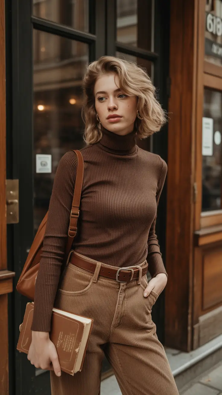 spring outfits 2026 Chocolate Turtleneck and Corduroy Neutrals