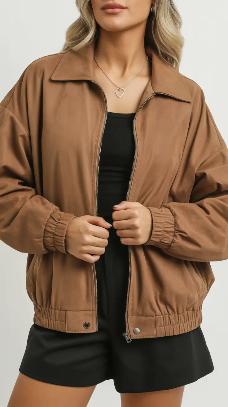spring outfits 2026 Camel Bomber and Black Mini Confidence