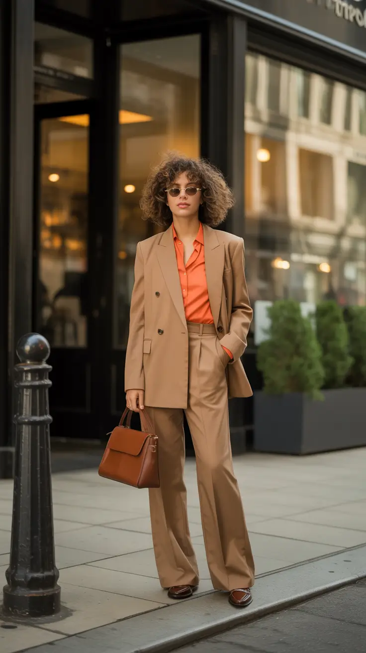 spring outfits 2026 trends Caramel Suiting with a Pop of Citrus Confidence