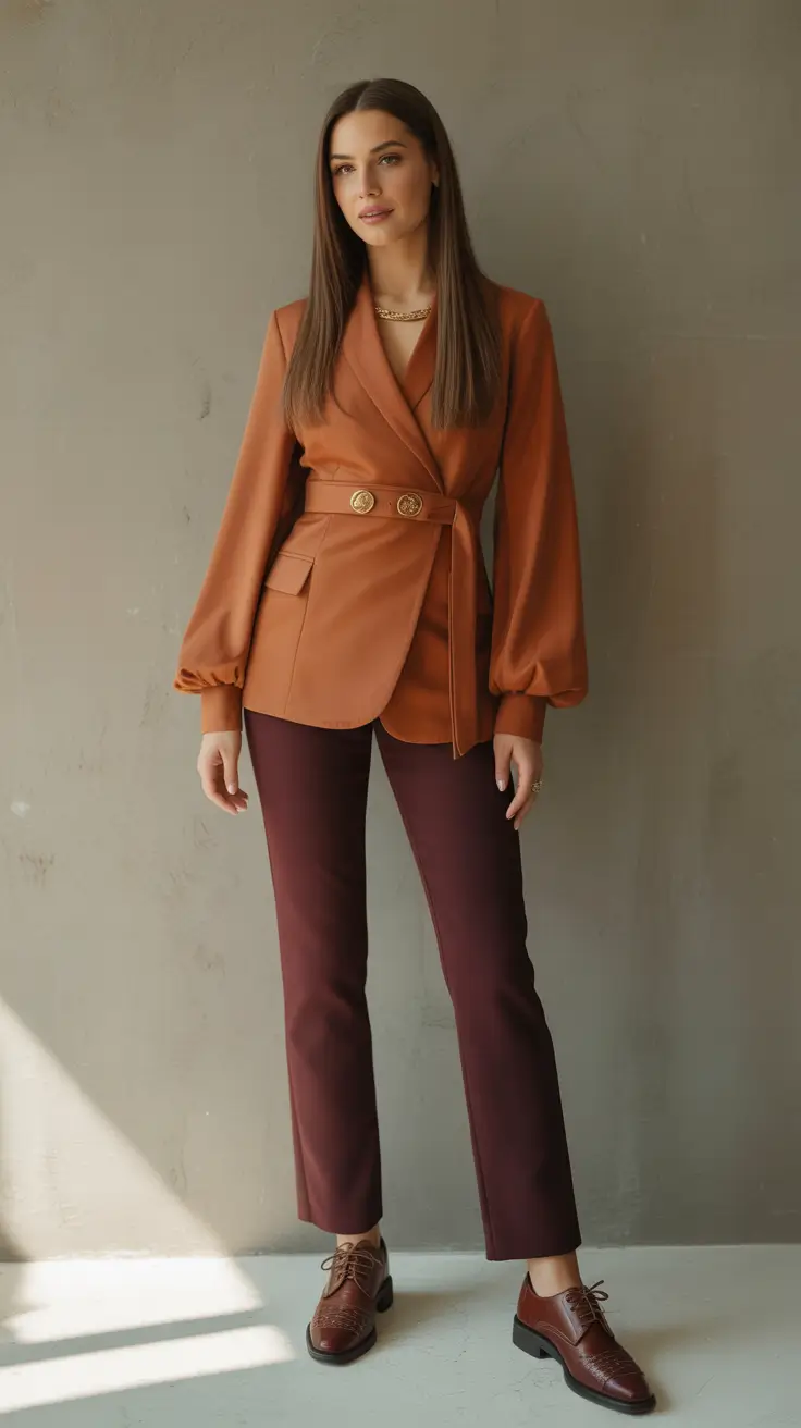 spring outfits 2026 trends Cinnamon Blazer and Burgundy Pants for Soft Power