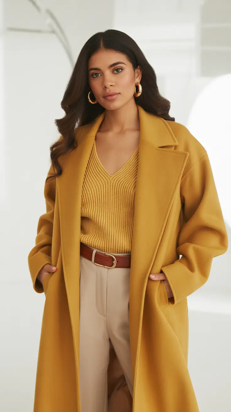 spring outfits 2026 trends Golden Knit and Camel Coat for Cozy Minimal Chic