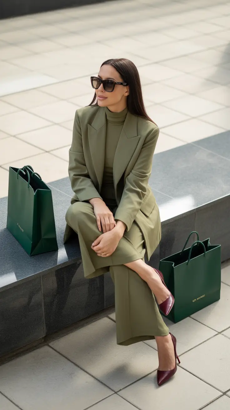 spring outfits 2026 trends Olive Suit and Minimal Accessories for City Shopping Days