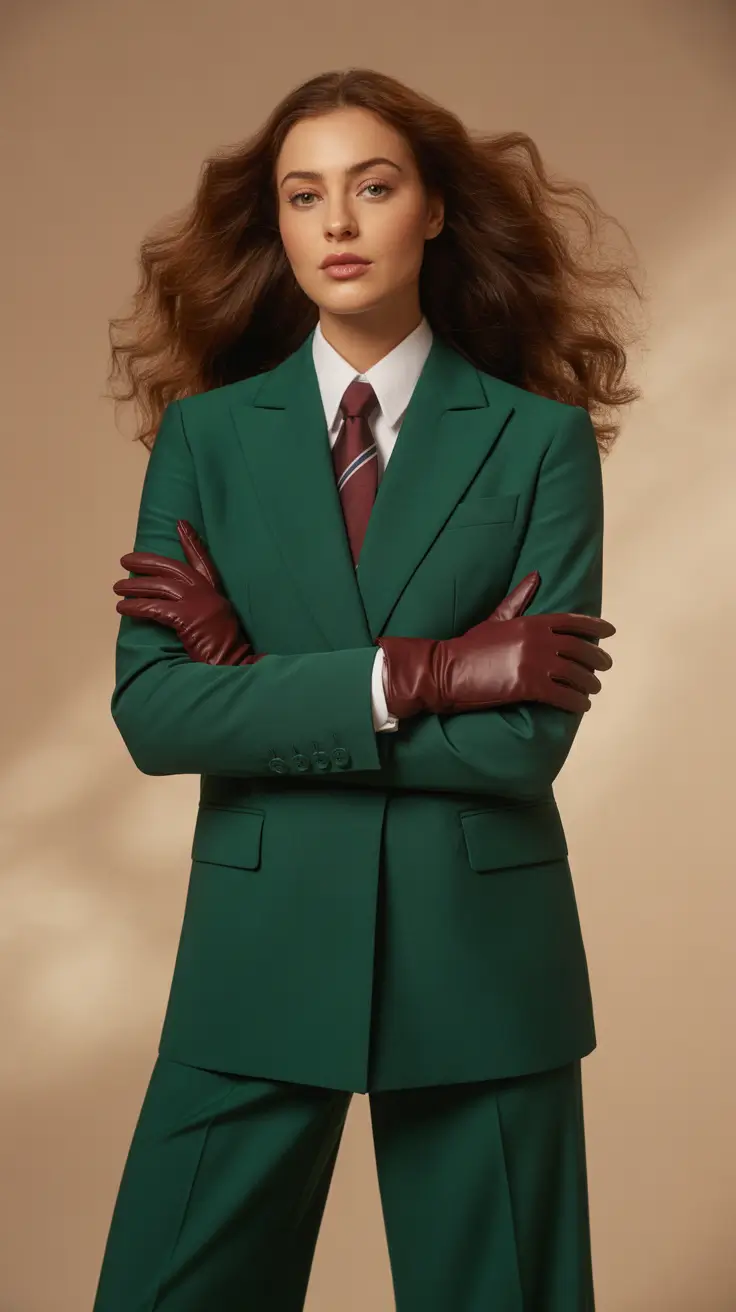 spring outfits 2026 trends Green Suit and Leather Gloves for Sharp Vintage Inspired Power