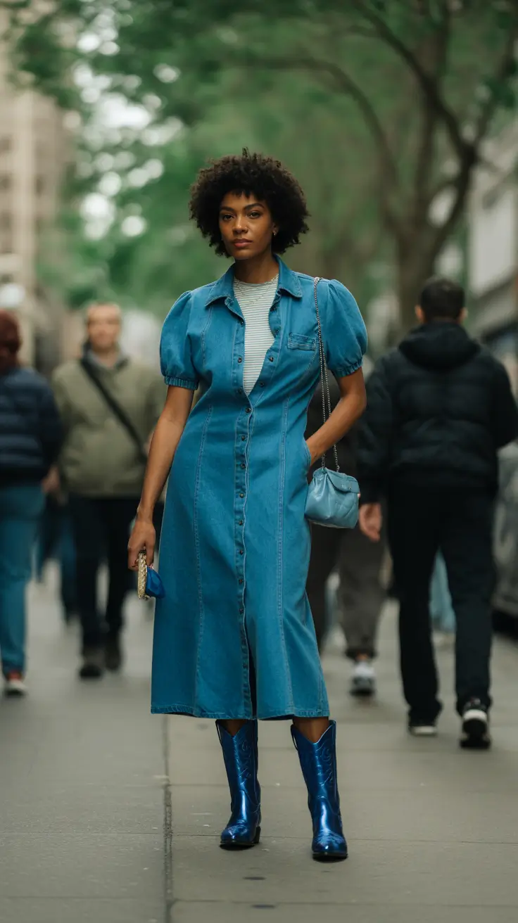 spring outfits black women 2026 Denim Midi With Statement Boots