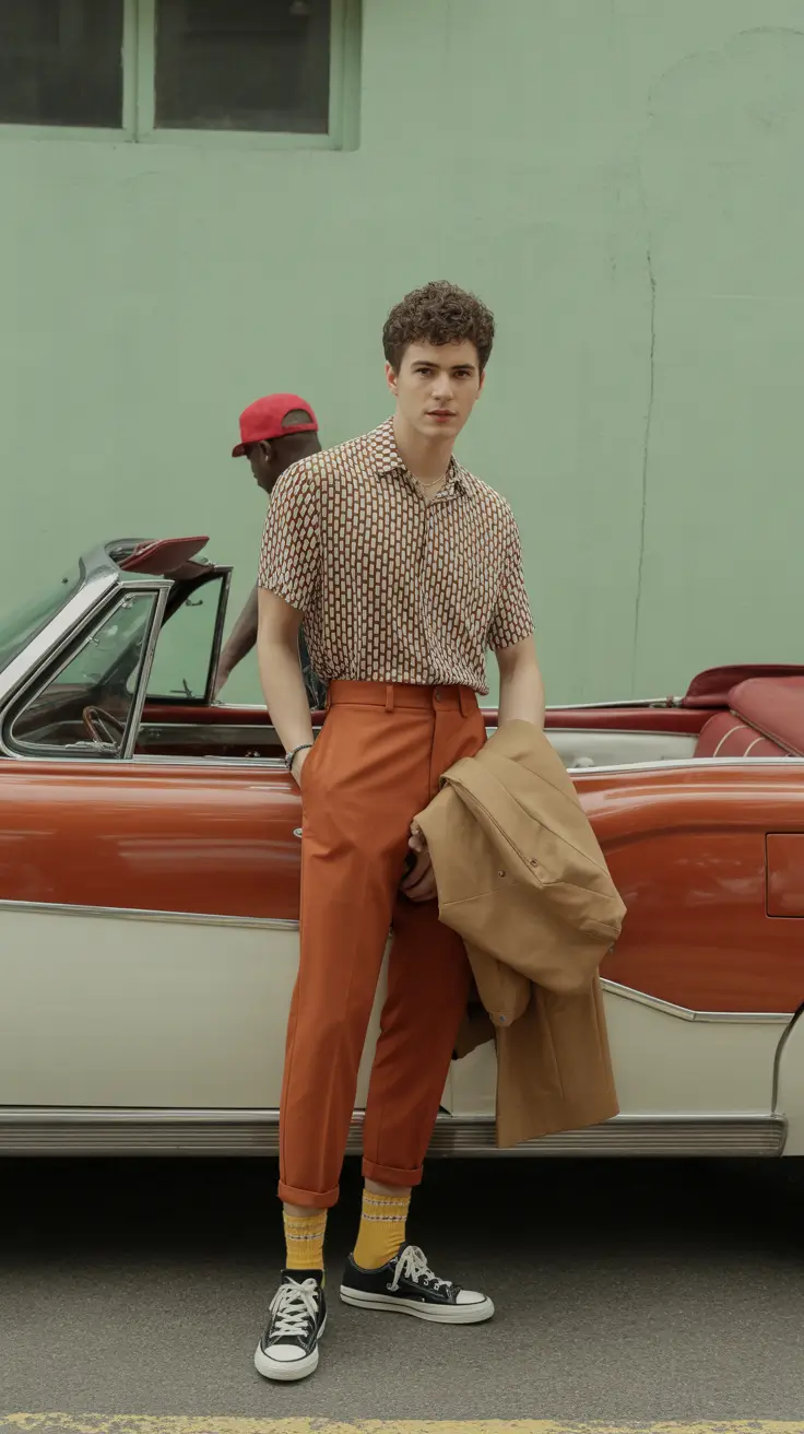 spring outfits men 2026 Retro Print and Rust Trousers for Vintage Cool