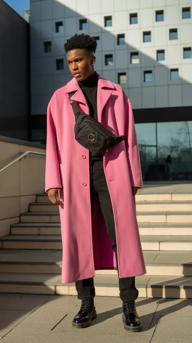 spring outfits men 2026 Pink Overcoat Power With Dark Academia Energy