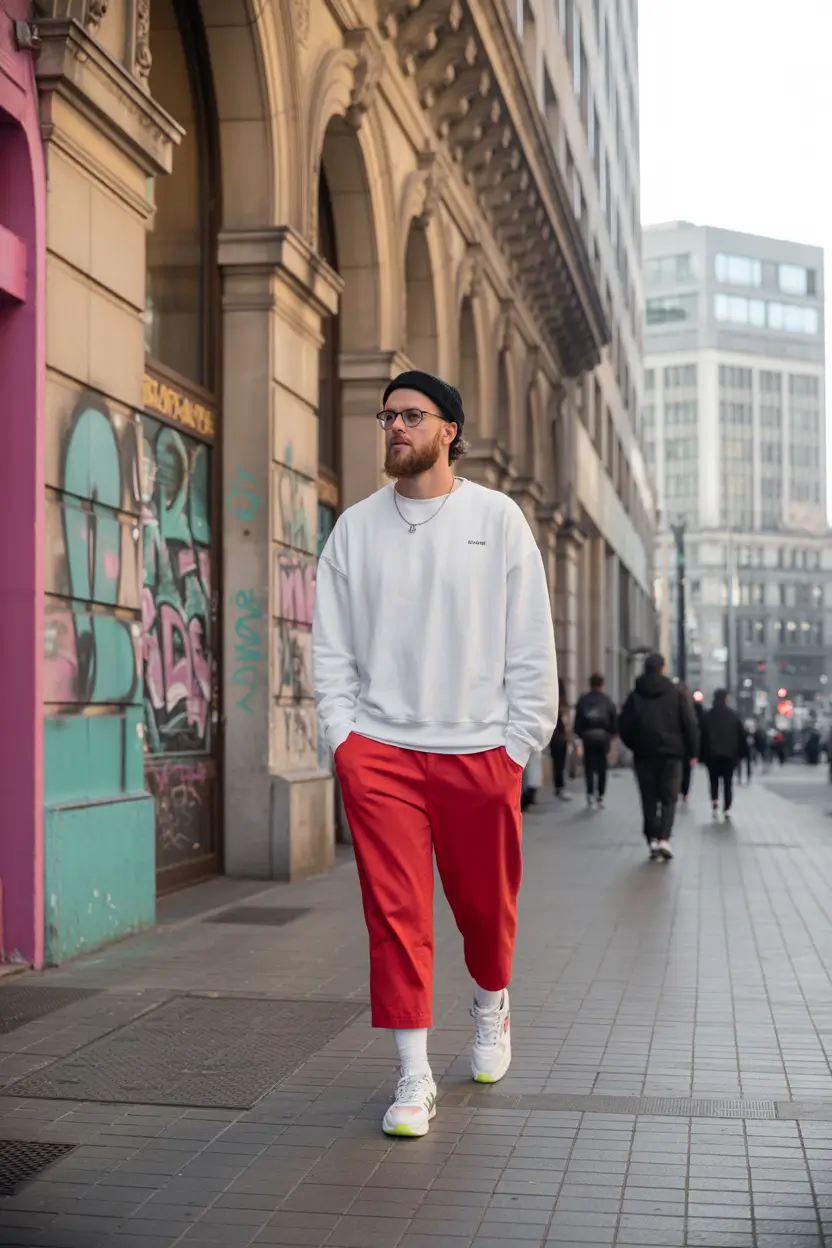spring outfits men 2026 White Sweatshirt and Red Pants for City Street Styles
